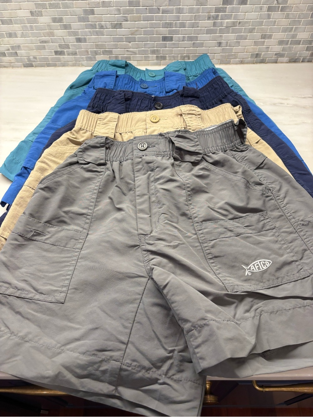 Lot (5) pair AFTCO Youth Original Fishing Shorts. Camp, Beach, Vacation